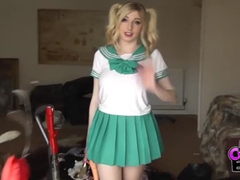 Cumshotti presents: Costume babe in a miniskirt fucks a toy outdoors