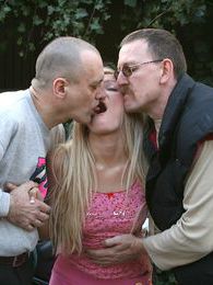 Cumshotti presents: Petite blonde teenie girl enjoying two old biker penises