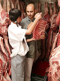 Cumshotti presents: Teenage brunette gets dirty with the butcher his big meat